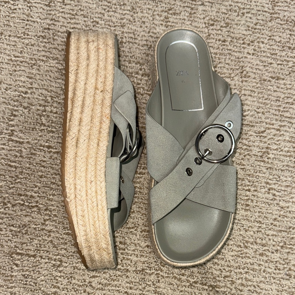 Zara platform raffia espadrille slides Sandals shoes buckle taupe Gray Suede 40